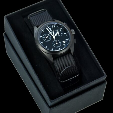 MWC Mechanical/Quartz Hybrid NATO Pattern Military Pilots Chronograph in Non Reflective Black PVD Finish