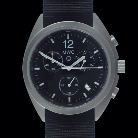 MWC Mechanical/Quartz Hybrid NATO Pattern Military Pilots Chronograph in Non Reflective Brushed Stainless Steel Finish