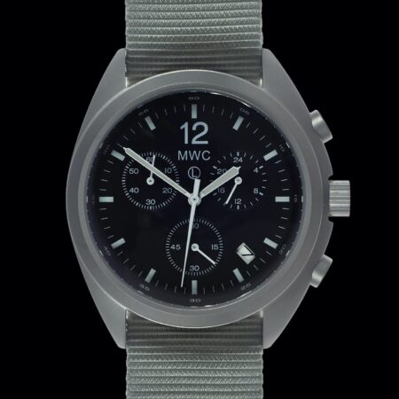 MWC Mechanical/Quartz Hybrid NATO Pattern Military Pilots Chronograph in Non Reflective Brushed Stainless Steel Finish